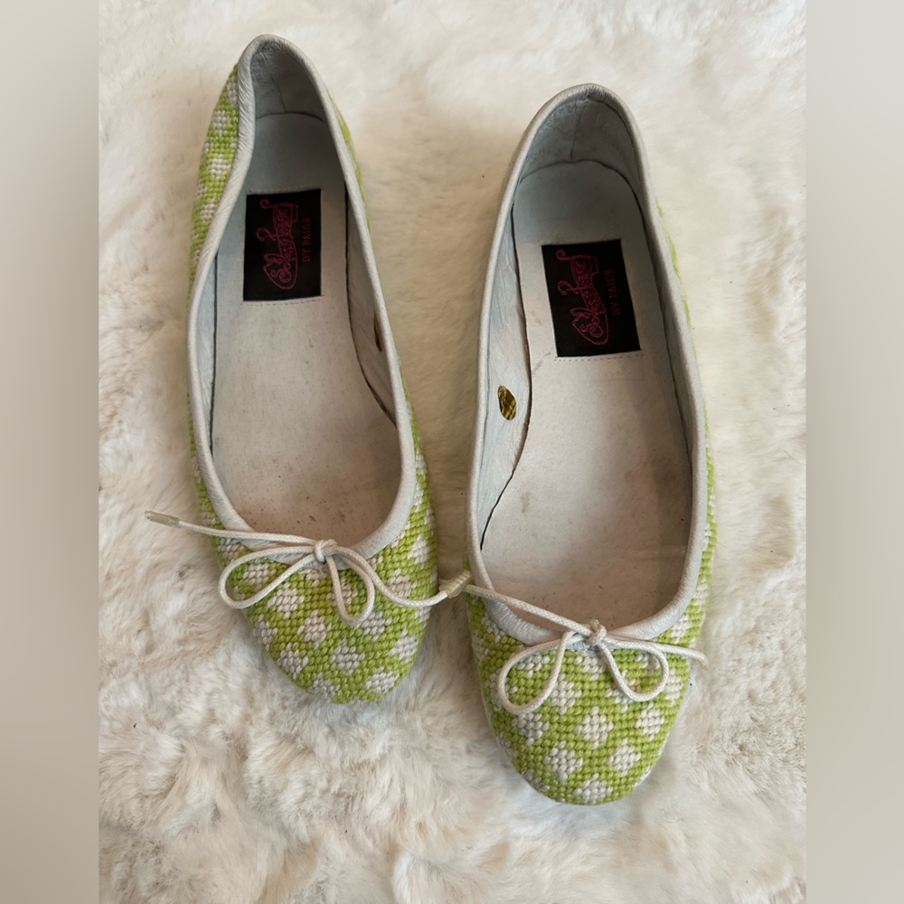 Green and white needlepoint by paige flats